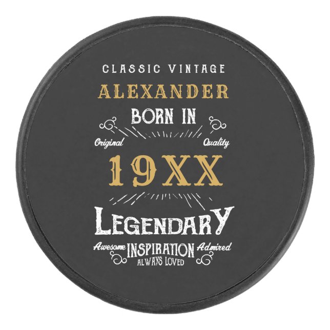 Personalized Birthday Best Dad Ever Legendary Gold Hockey Puck (Front)