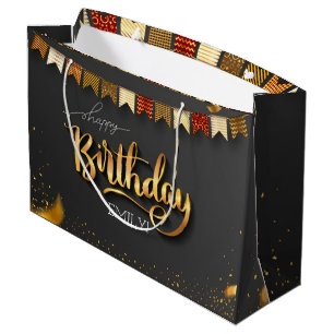 Personalized Birthday Black and gold Stripes Large Gift Bag