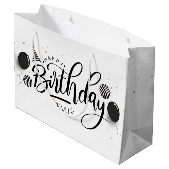Personalized Birthday Black and white Stripes Large Gift Bag (Back Angled)