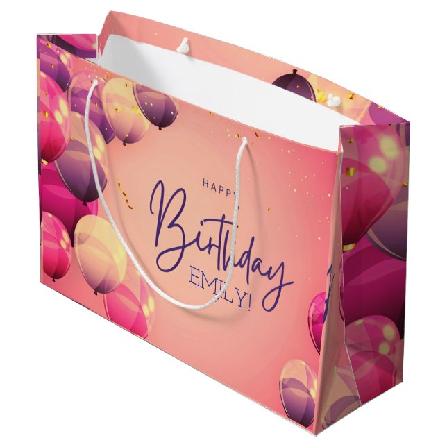 Personalized Birthday Blush pink girly Stripes Large Gift Bag (Back Angled)