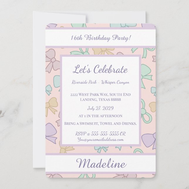 Personalized Birthday Bow Pastel Sweet Invitation (Front)