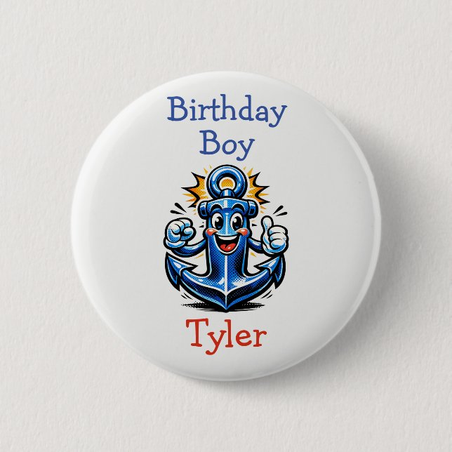 Personalized Birthday Boy Pop Art Anchor Button (Front)