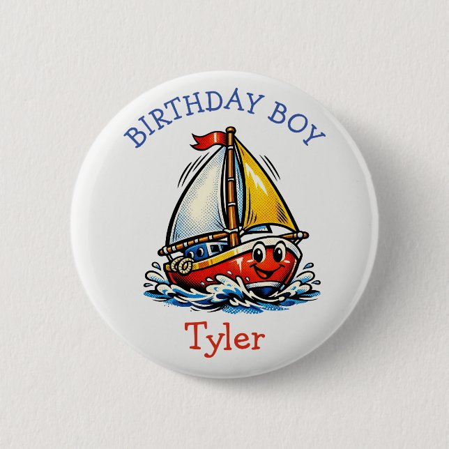 Personalized Birthday Boy Pop Art Sailboat Button (Front)
