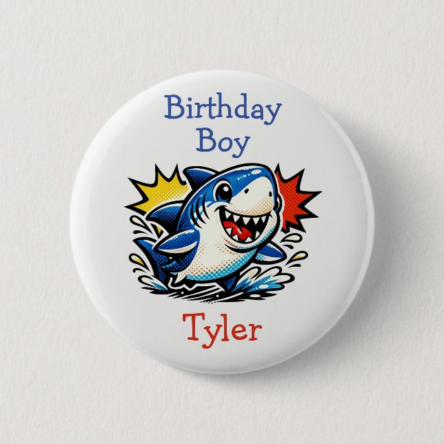 Personalized Birthday Boy Pop Art Shark Button (Front)