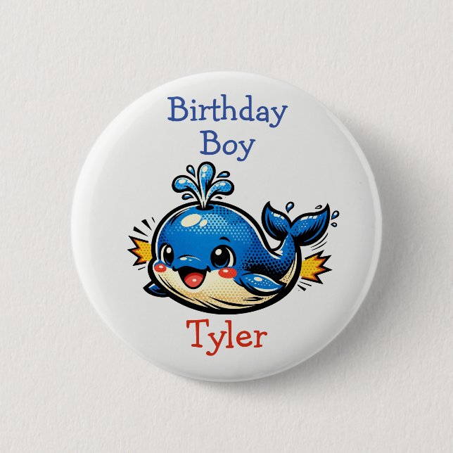 Personalized Birthday Boy Pop Art Whale Button (Front)