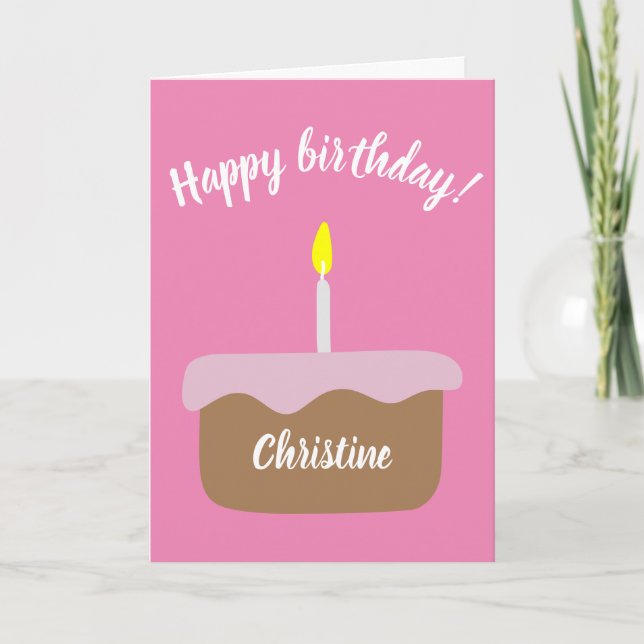 Personalized Birthday Cake w/ Lit Candle | Pink Card (Front)