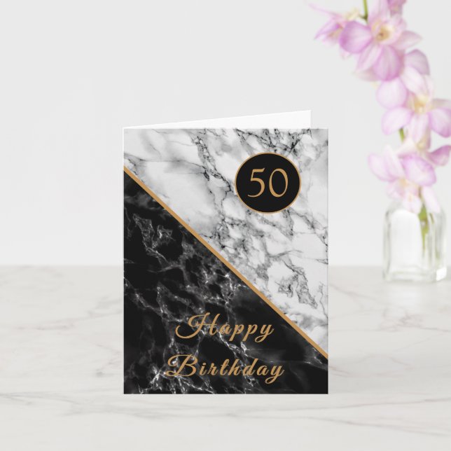 Personalized Birthday Card Black White Marble (Orchid)