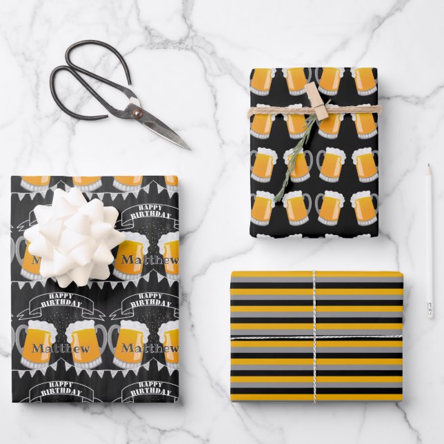 Personalized Birthday Chalkboard Beer Glass Wrapping Paper Sheets (Front)