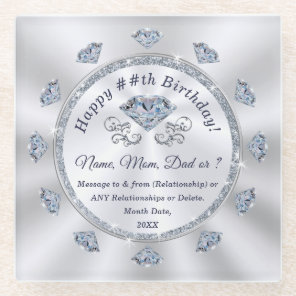Personalized Birthday Coasters, Elegant Diamond Glass Coaster