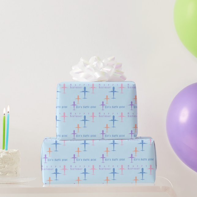 Personalized Birthday Colorful Airplanes Sky Blue Wrapping Paper (Party Gifts)