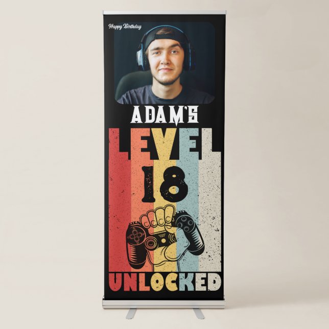 Personalized Birthday Gamer Vintage Level Unlocked Retractable Banner (Front)