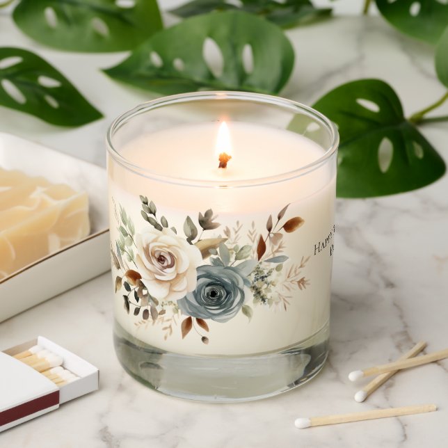 Personalized Birthday Gift Blue White Floral Scented Candle (Lit)