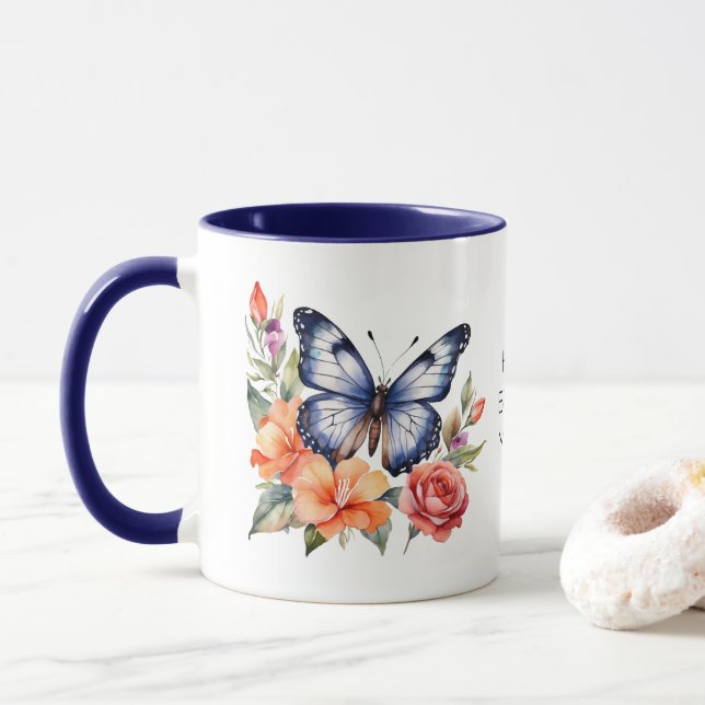 Personalized Birthday Gift Butterfly Floral Flower Mug (With Donut)