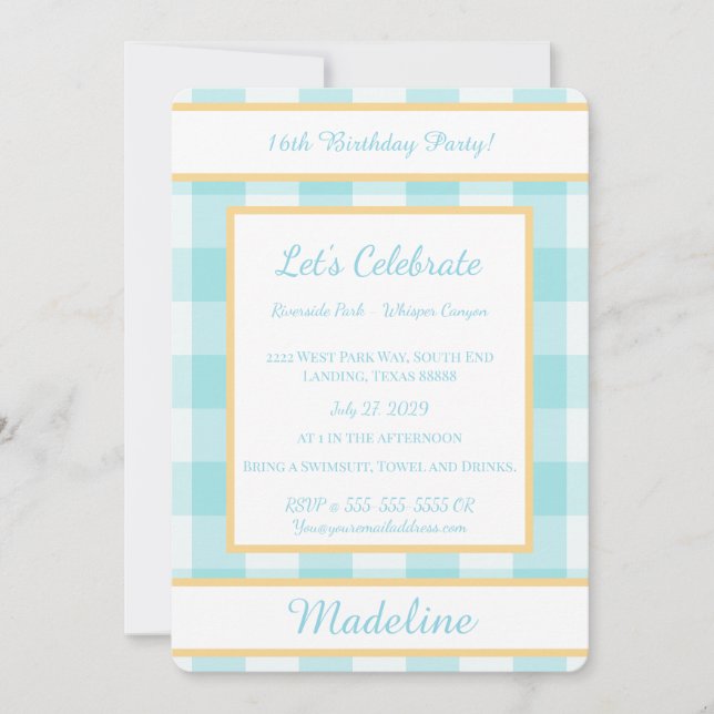 Personalized Birthday Gingham Blue Invitation (Front)