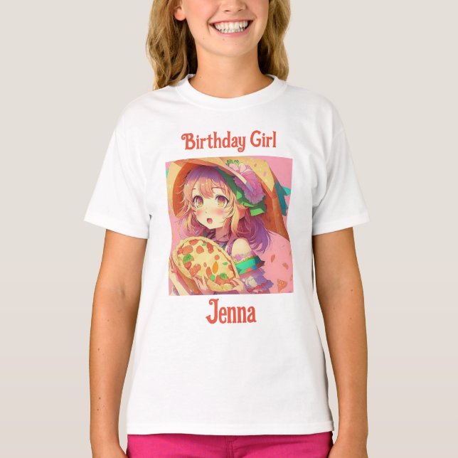 Personalized Birthday Girl | Anime Pizza Party T-Shirt (Front)