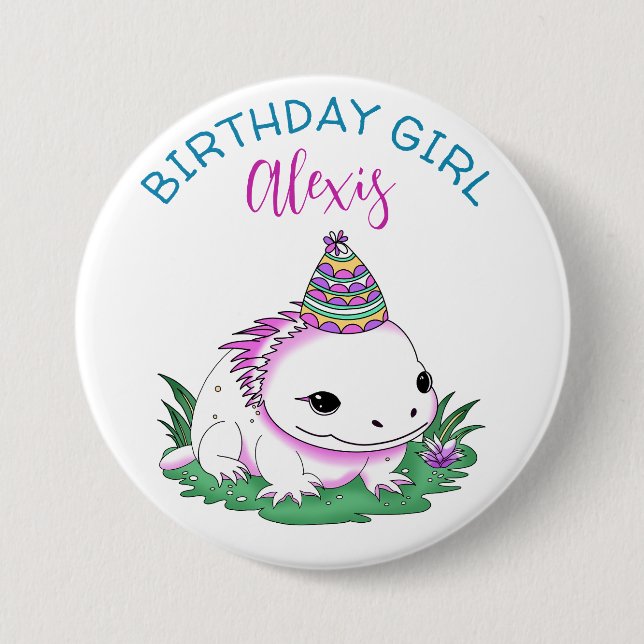 Personalized Birthday Girl Axolotl Themed Button (Front)