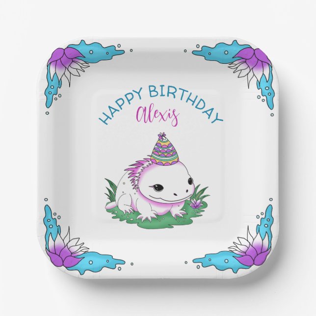 Personalized Birthday Girl Axolotl Themed Paper Plates (Front)