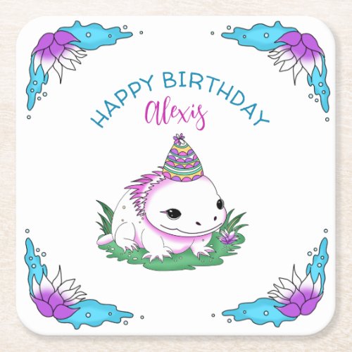 Personalized Birthday Girl Axolotl Themed Square Paper Coaster