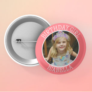 Personalized Birthday Girl Name and Photo Button
