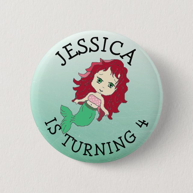 Personalized Birthday girl Red Hair Mermaid Button (Front)