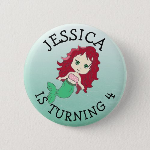 Personalized Birthday girl Red Hair Mermaid Button
