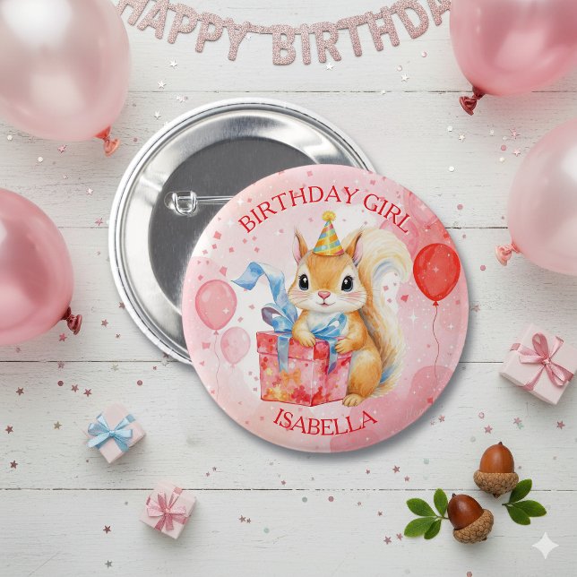 Personalized Birthday Girl's Squirrel Pink and Red Button (Creator Uploaded)