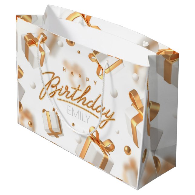 Personalized Birthday gold and white Stripes Large Gift Bag (Back Angled)