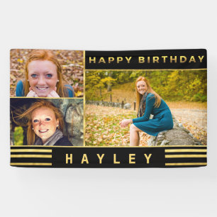 Personalized Birthday Gold Black Stripes Photo Banner