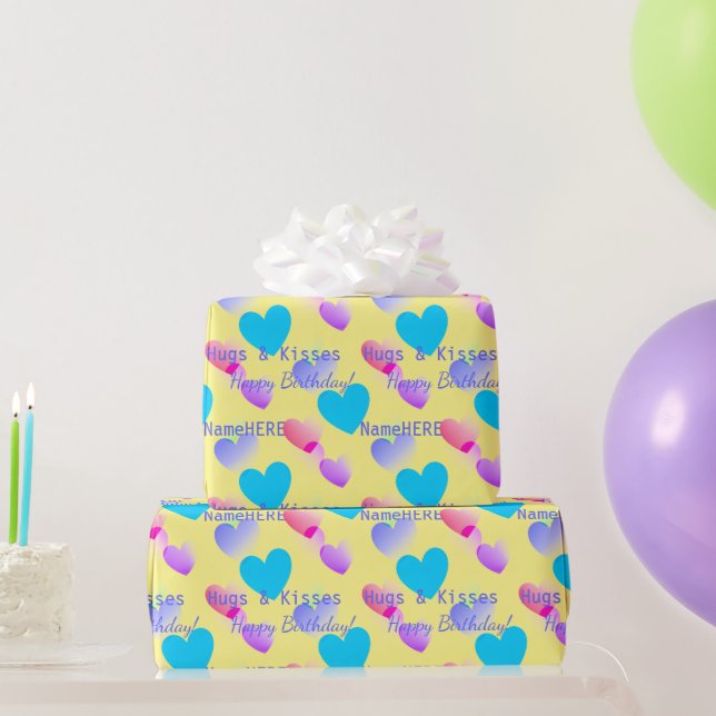 Personalized Birthday Hearts Hugs & Kisses Yellow  Wrapping Paper (Party Gifts)