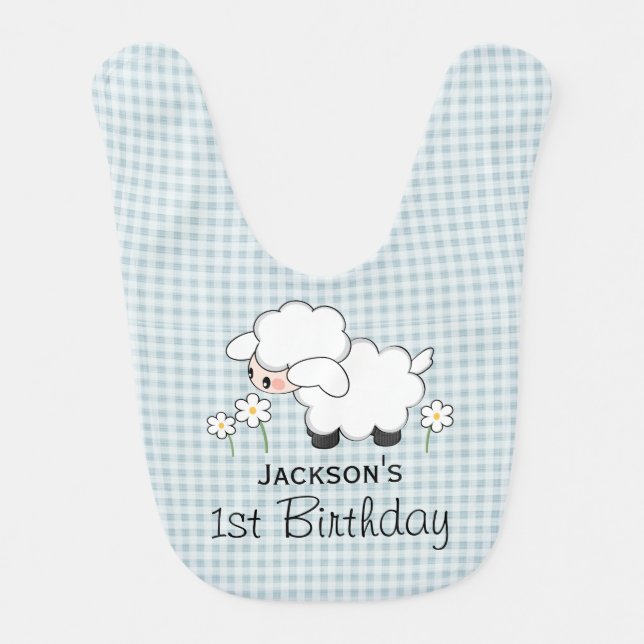 Personalized Birthday Lamb Blue Gingham Bib (Front)