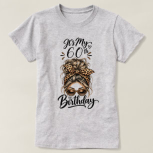 Personalized Birthday Leopard Bow Messy Bun Woman T-Shirt