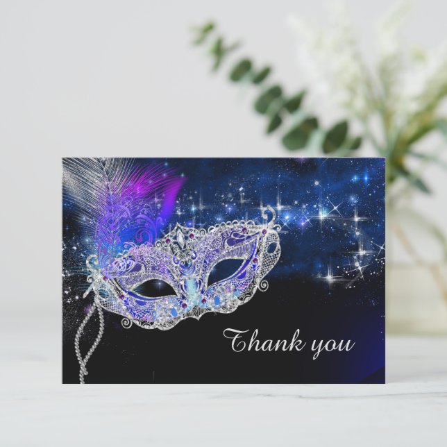 Personalized Birthday Masquerade Party Thank You Card (Standing Front)