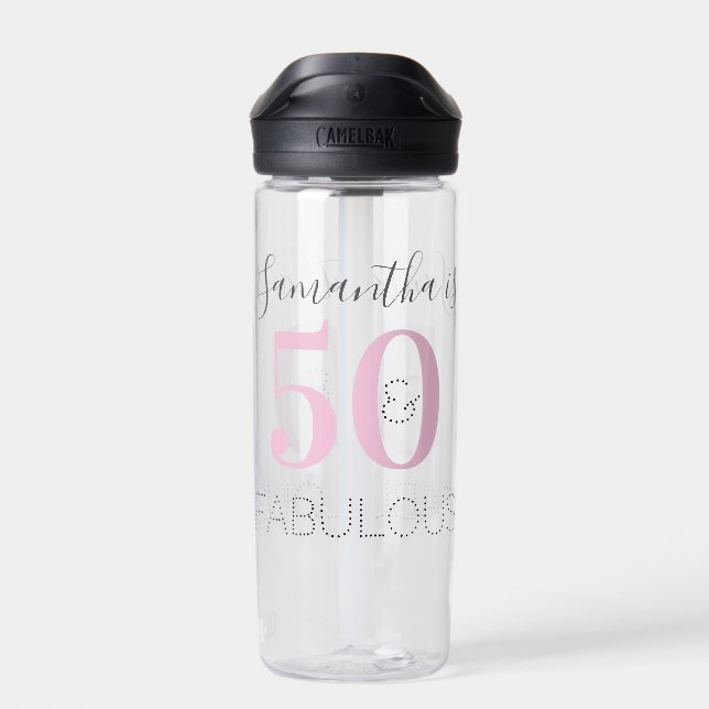 Personalized Birthday Modern Pink 50 and Fabulous  Water Bottle (Back)