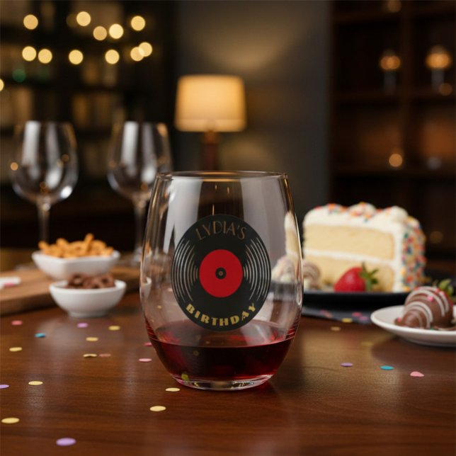 Personalized Birthday Music Vinyl Stemless Wine Glass (Creator Uploaded)