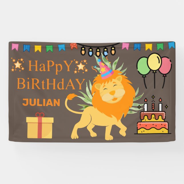 PERSONALIZED  BIRTHDAY NAME Cute LION THEMED FORES Banner (Horizontal)