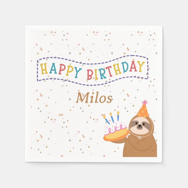Personalized Birthday Napkins Sloth Party Decor (Front)