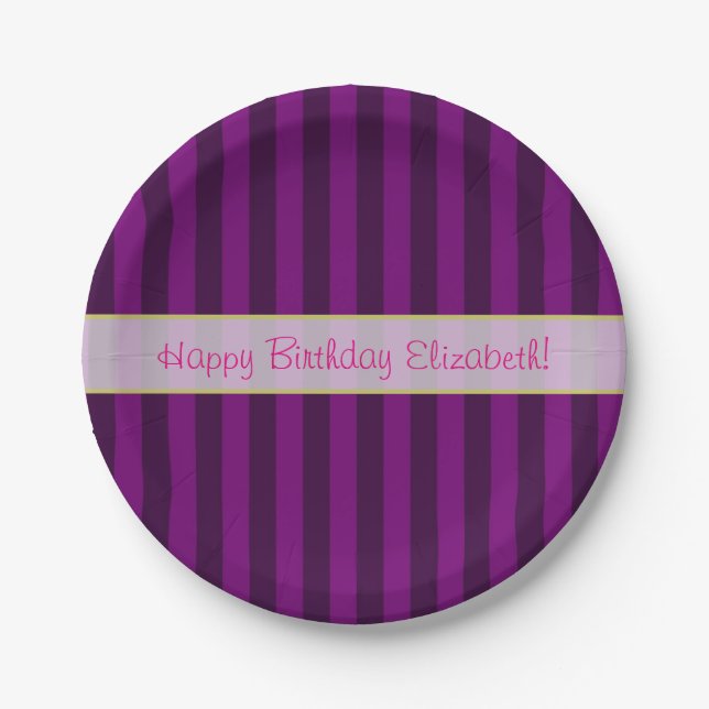 Personalized Birthday on a Purple Striped Pattern Paper Plates (Front)