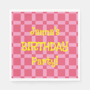 Personalized Birthday Party Pink Checkered Pattern Napkins