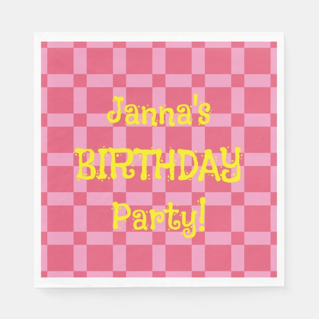 Personalized Birthday Party Pink Checkered Pattern Napkins (Front)