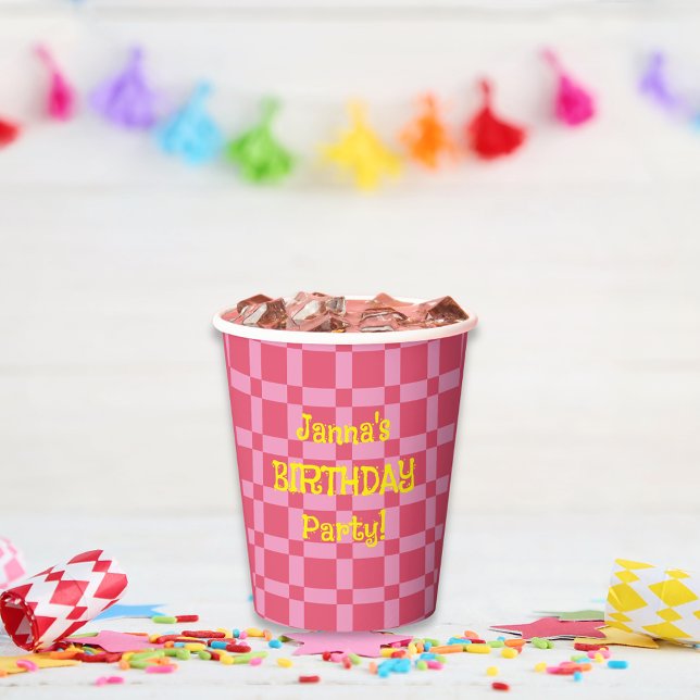 Personalized Birthday Party Pink Checkered Pattern Paper Cups (Personalized Birthday Party Pink Checkered Pattern Paper Cups)