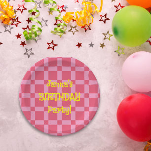 Personalized Birthday Party Pink Checkered Pattern Paper Plates