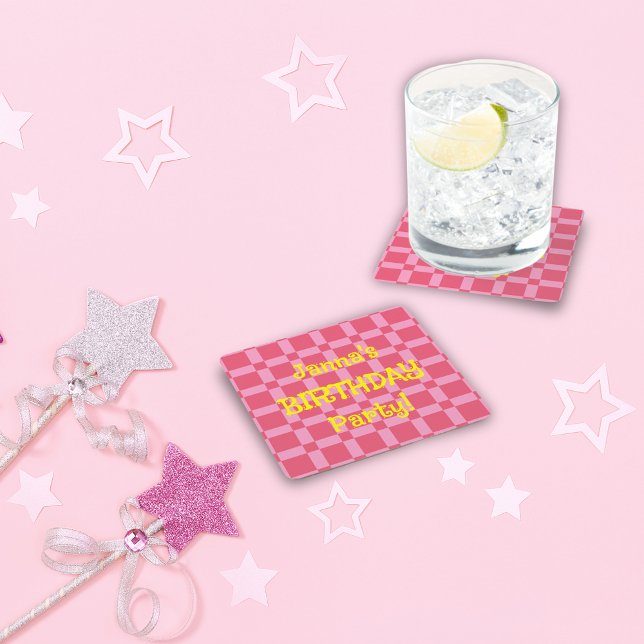 Personalized Birthday Party Pink Checkered Pattern Square Paper Coaster (Personalized Birthday Party Pink Checkered Pattern Square Paper Coaster)