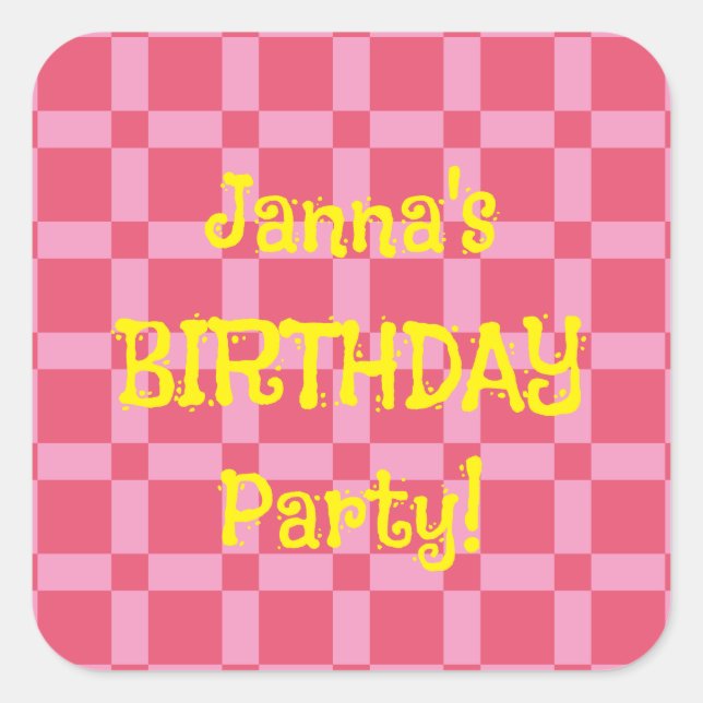 Personalized Birthday Party Pink Checkered Pattern Square Sticker (Front)