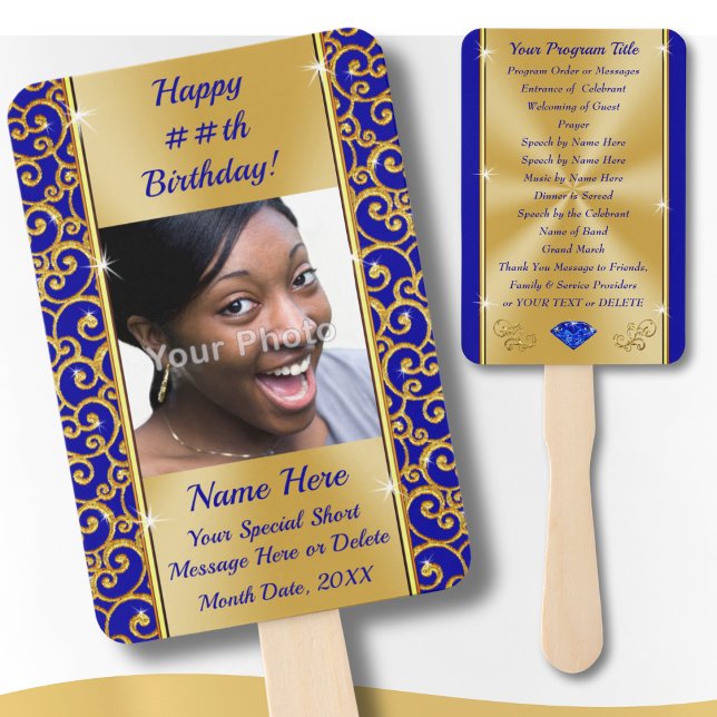 Personalized, Birthday Party Programs for Adults,  Hand Fan (Personalized, Birthday Party Programs for Adults. Royal blue and gold, birthday party hand fans. )