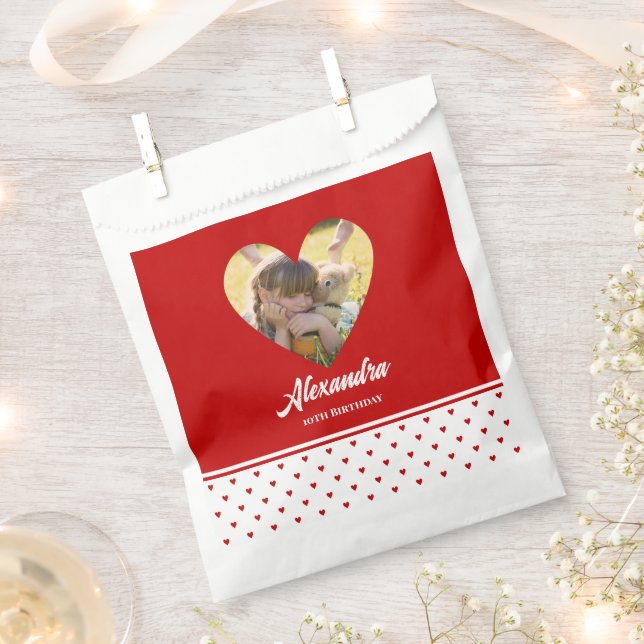 Personalized Birthday Photo Chic Red Heart Frame Favor Bag (Clipped)