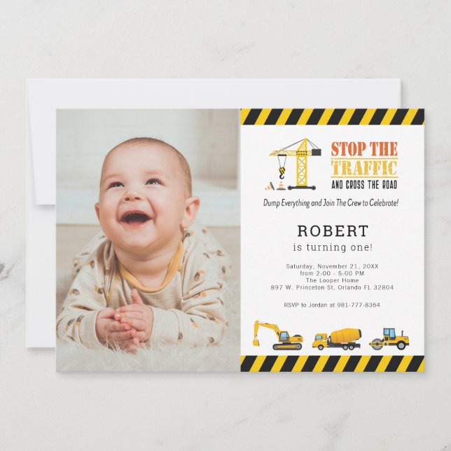 Personalized Birthday Photo Construction Trucks Invitation (Front)