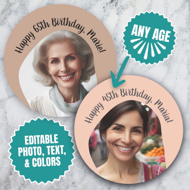 Personalized Birthday Photo Name Any Age Custom Classic Round Sticker (Personalized Birthday Photo Name Any Age Custom Classic Round Sticker)