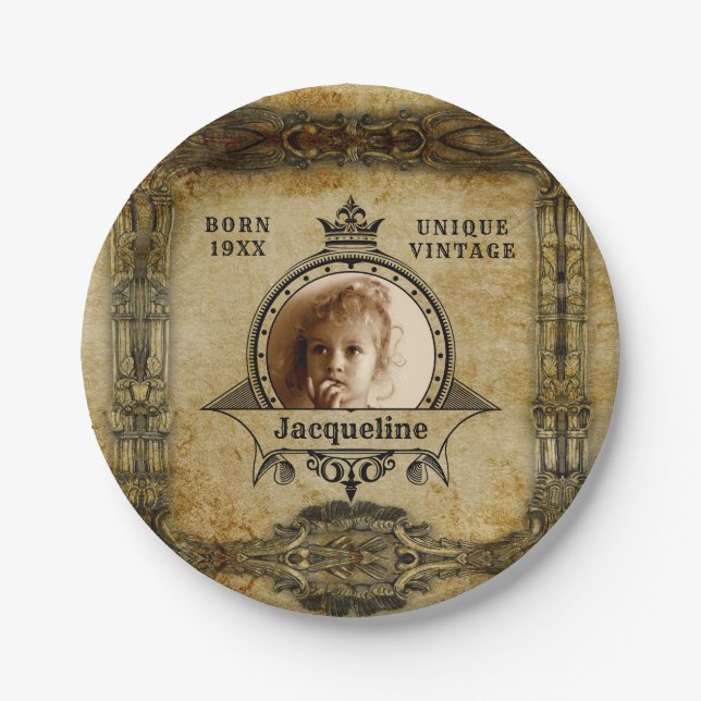 Personalized Birthday Photo Template Vintage Retro Paper Plates (Front)