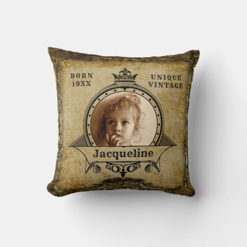 Personalized Birthday Photo Template Vintage Retro Throw Pillow