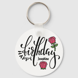 Personalized Birthday Pink Rose Keychain